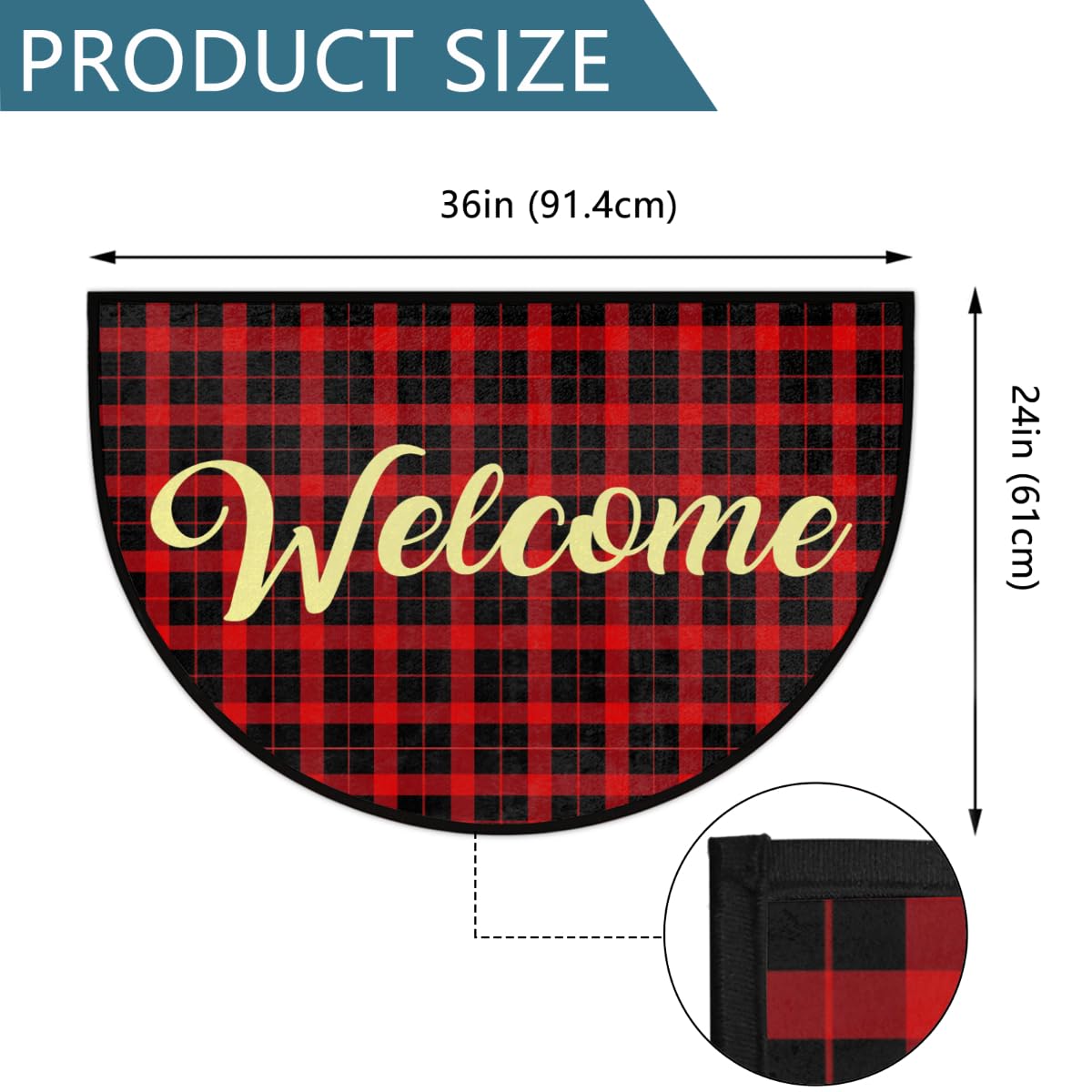 Half Round Door Mat Red Black Classic Plaid Outdoor Welcome Mat Christmas Non-Slip Area Rug for Entryway Front Door 36"x24"