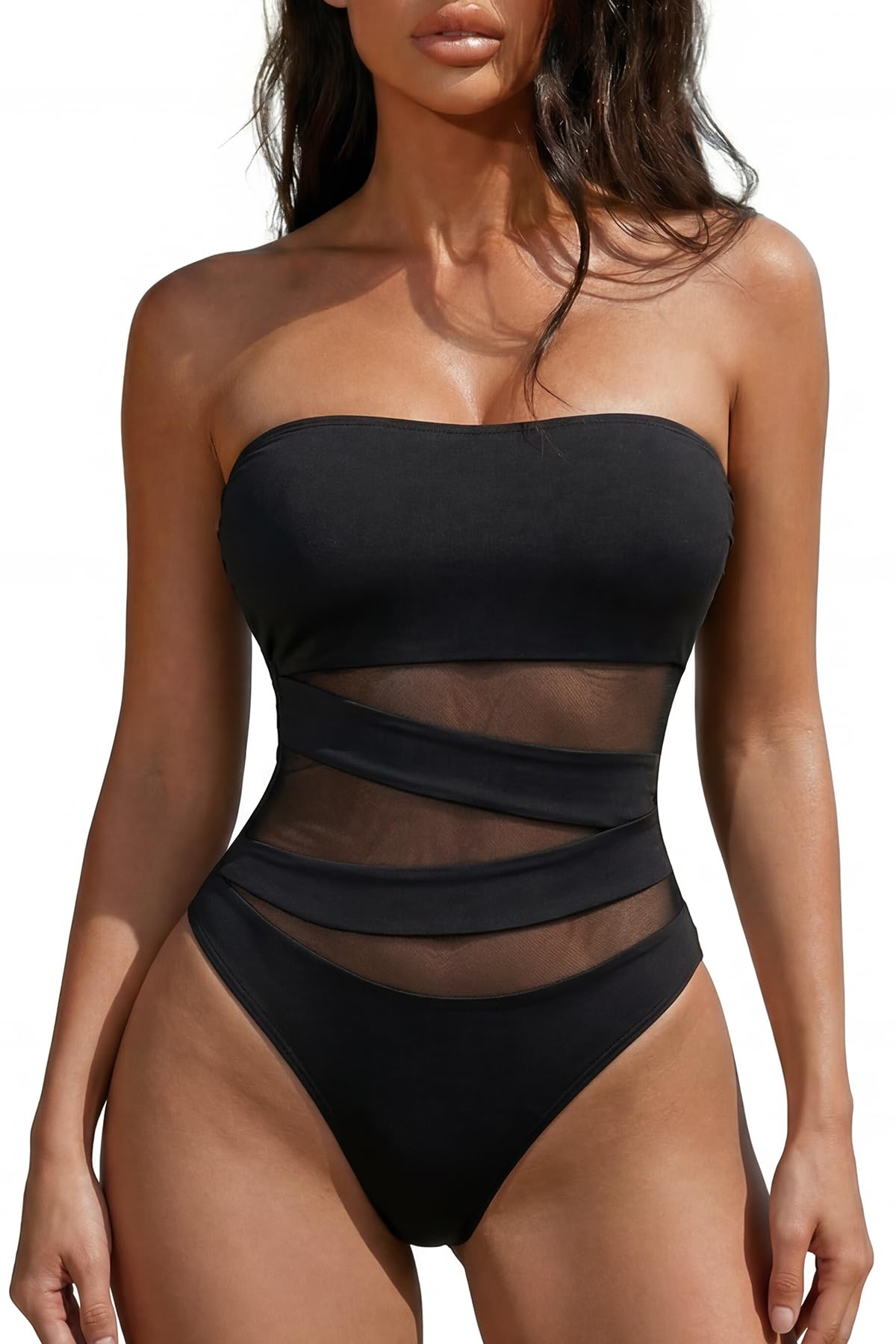 Holipick Women Black Strapless Bandeau One Piece Swimsuits Sexy Mesh Cutout Bathing Suits Tummy Control Swimwear M