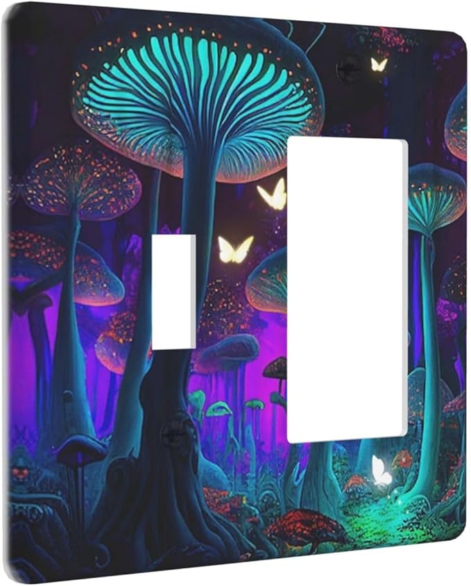 Fantasy Mushroom Forest Glowing Butterfly 2 Gang Combination Light Switch Cover Decorative Toggle Rocker/Decora Wall Plate Electrical Faceplate for Bathroom Kitchen Home Decor