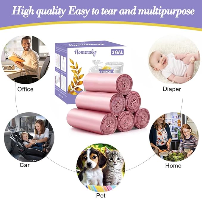 3 Gallon 180pcs Small Pink Trash Bags Plastic Strong Pink Garbage Bags