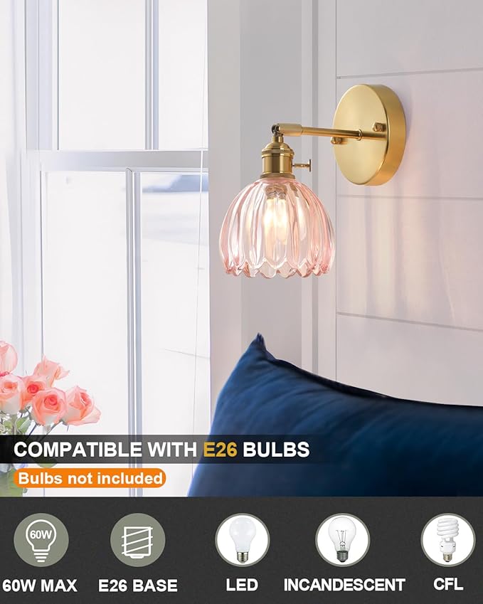 Plug in and Hardwired Wall Sconces, Luxury Vintage Tulip Crystal Glass Shade Wall Light with Switch for Bedside Bedroom Living Room (Tulip-Pink, 2)