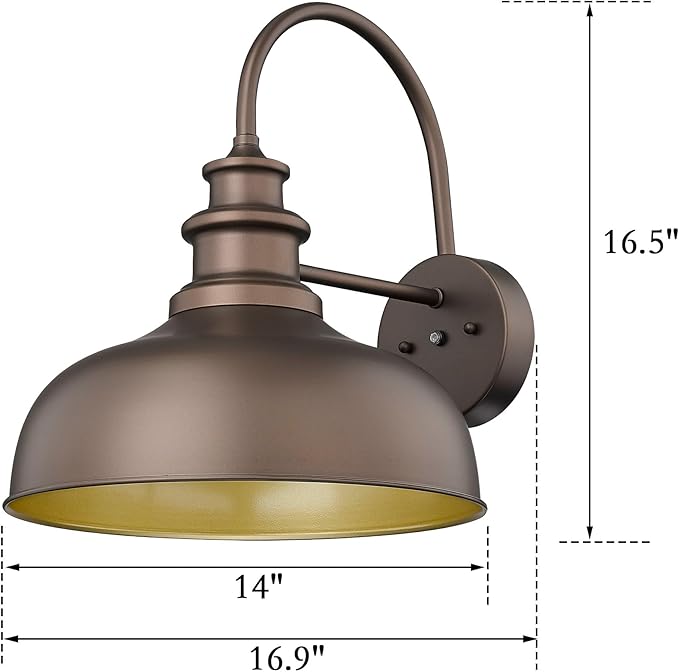 Bestshared 14 Inch Dusk to Dawn Gooseneck Barn Lights Farmhouse Outdoor Wall Sconce Industrial Exterior Wall Lighting Fixture Vintage Porch Lantern Lamp for Patio,Garage,Front Door(ORB+Gold,14"-1Pack)