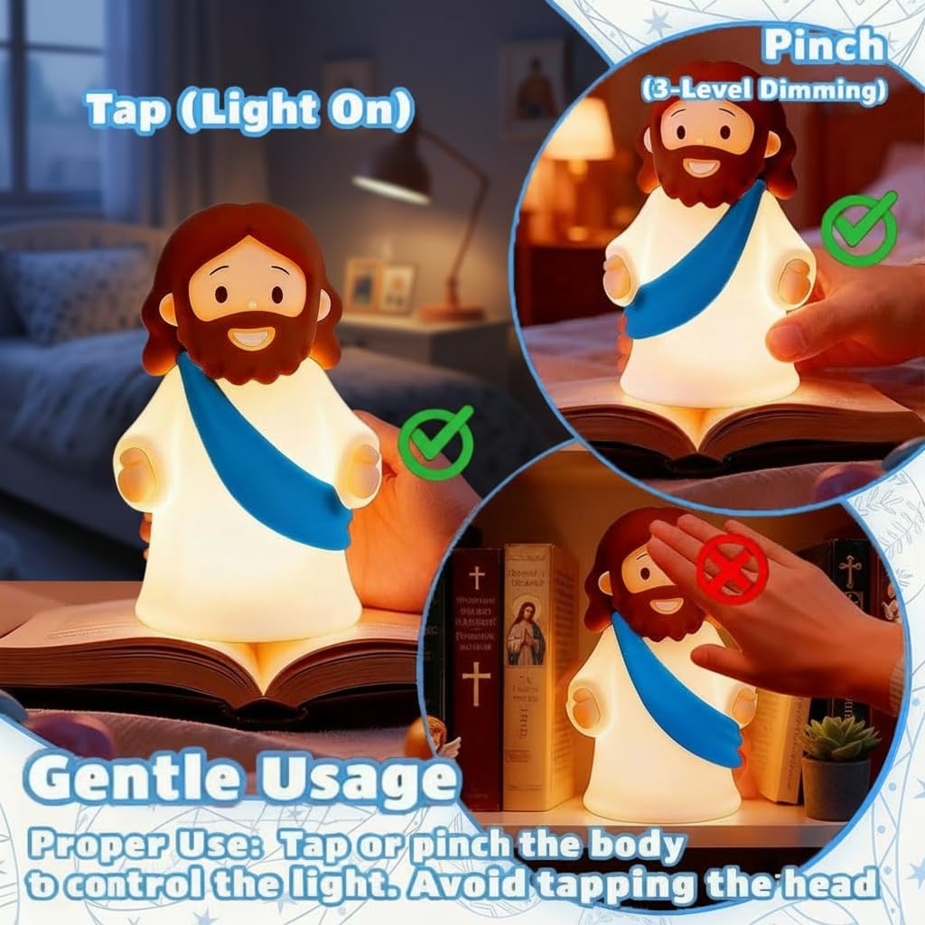 magical JD Little Jesus Night Light, Mini Silicone Jesus Lamp, Dimmable Rechargeable Touch Bedside Lamp for Nursery & Kids, Ideal Religious Gift for Christmas, Easter and Baptism (Blue)