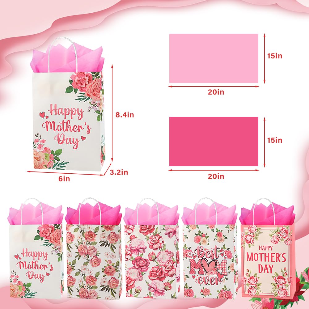 CMSSHUAI 20 Pcs Mother's Day Bags with Tissue Paper，Medium Small Mothers Day Bags with Handles Floral Mothers Paper Bags Treat Bags Candy Bags Bulk for Mom Grandma Wife Women