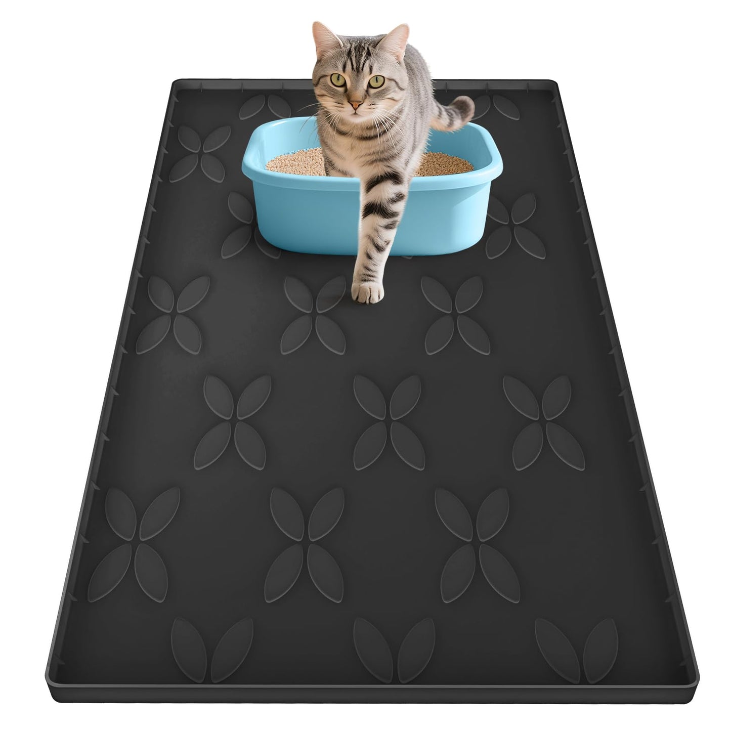 Cat Litter Mat, Large 34" x 22" Litter Box Mat, Waterproof Silicone Litter Mat for Litter Box, Non-Slip, Easy to Clean (Black)