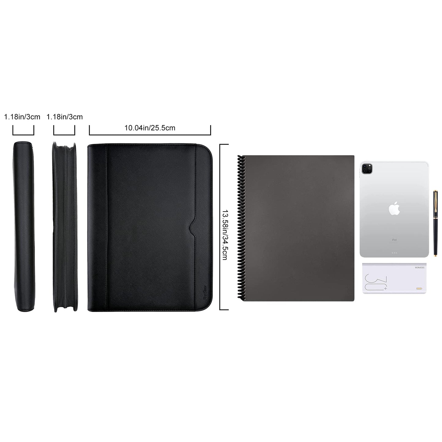 ProCase Portfolio Business Padfolio Folder with Zipper, Conference Meeting Executive File Legal Document Organizer with Pockets Letter Size A4 Writing Pad Notepad Padfolio -Black