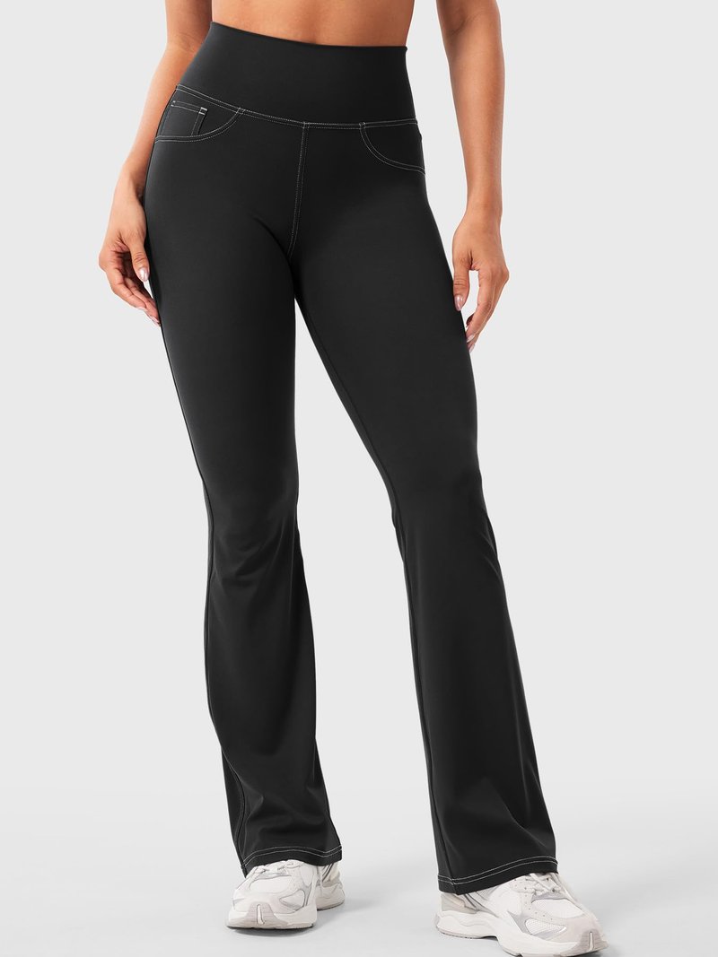 YEOREO CoreFlex Women Workout Mini Flare Leggings with Pockets Hidden Scrunch High Waisted Cargo Gym Casual Denim-Look Yoga Pants Black M
