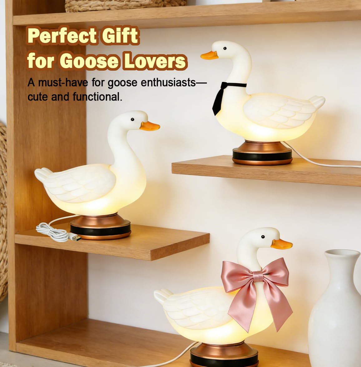 Eastyle Goose Night Light with Bow and Tie Accessories, Decorative Goose Shaped Table Lamp, Warm White USB Plug-in Goose Lamp, Cute Goose Nightlight, Resin Desk Light for Bedroom Shelf Decor Gift