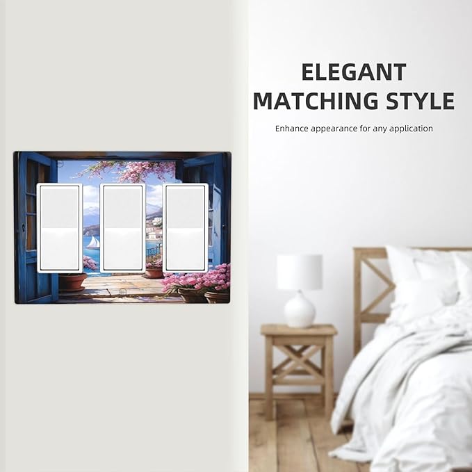 Decorative Art Light Switch Covers Seaside Window View 3 Gang Triple Rocker Outlet Switch plate GFCI Faceplate GFCI for Home Decor