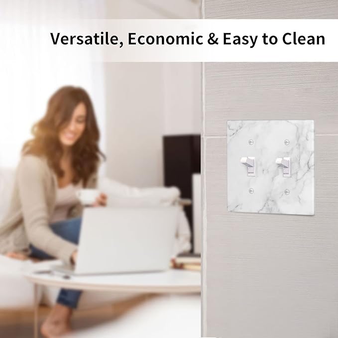 White Marble Pattern Light Switch Cover Decorative Double Toggle Wall Plate 2-Gang Art Print Faceplate for Kitchen Home Kids Room Decor 4.5" X 4.5"