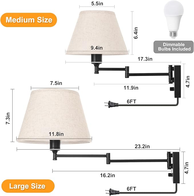 TRLIFE Wall Sconce with Remote Control, Dimming 10%-100% and Adjustable Color Temperature 2700K-6500K Swing Arm Wall Lights with Plug in Cord, 9.4" Medium Beige Fabric Shade(2 Pack, 2 Bulbs Included)