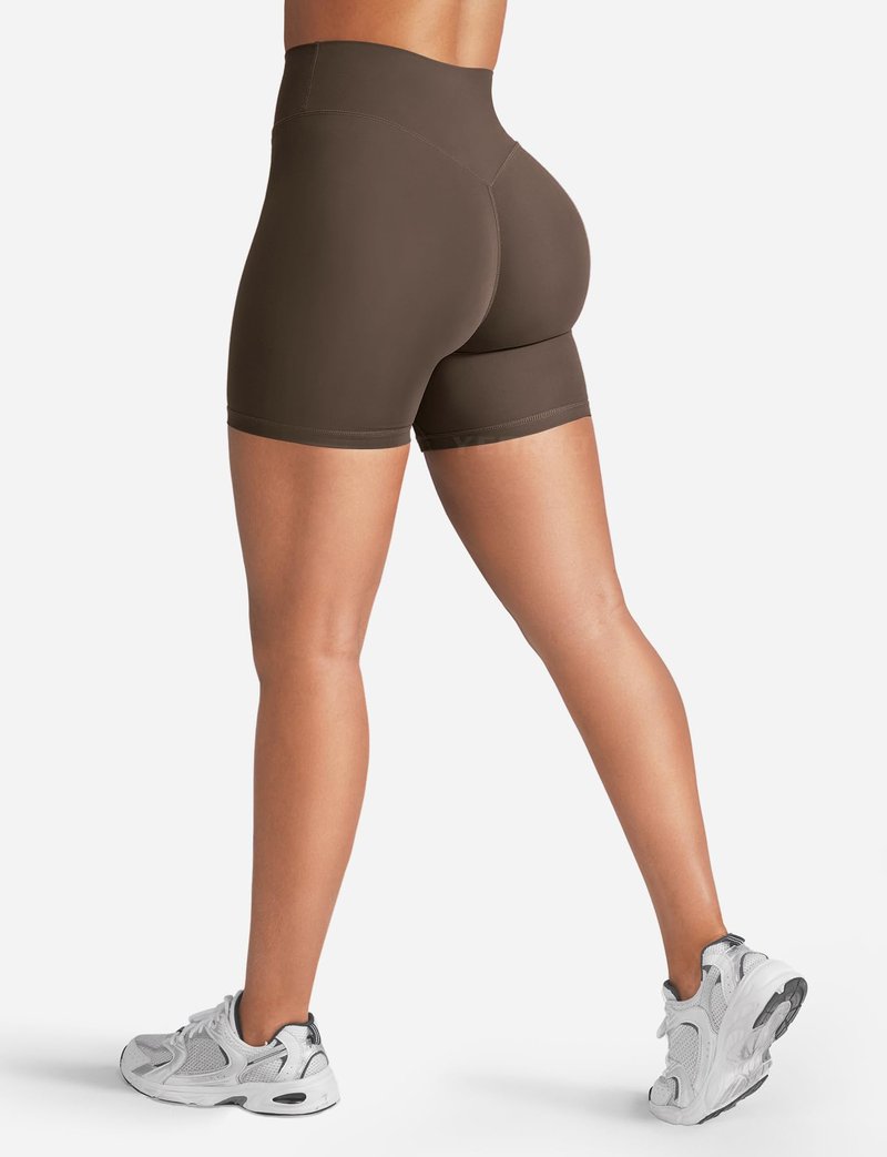 YEOREO Women's Biker Shorts 4.5" / 6" Workout Gym Shorts Craze High Waist Tummy Control Hidden Scrunch Running Yoga Coffee M