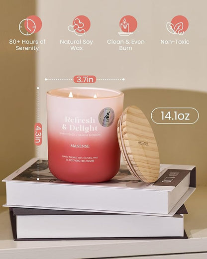 M&SENSE White Peach & Orange Blossom Scented Candle for Home, 14.1oz 80-Hour Non Toxic Long-Lasting Natural Soy Wax Scent Fragrance, 2 Wick Aromatherapy Candle for Women Men Family Friends
