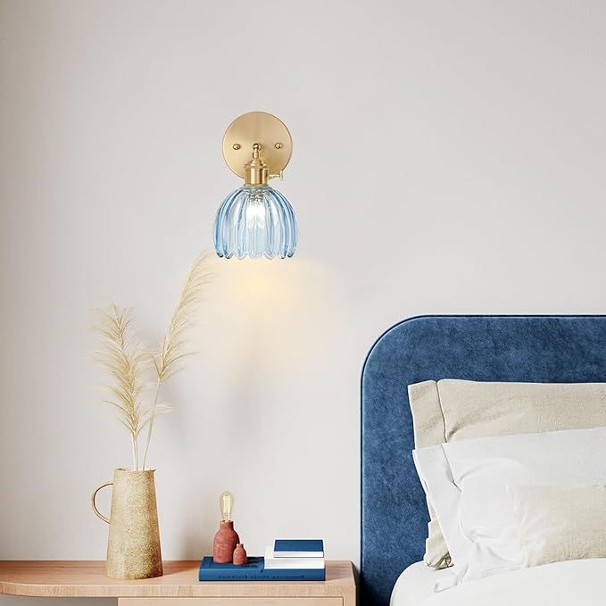 Hardwired Wall Sconce Light, Vintage Wall Sconce with Switch, Gold Wall Light Fixture with Tulip Denim Blue Glass Lampshade, Indoor Wall Light for Bedroom Bathroom, Bedside Wall Lamp