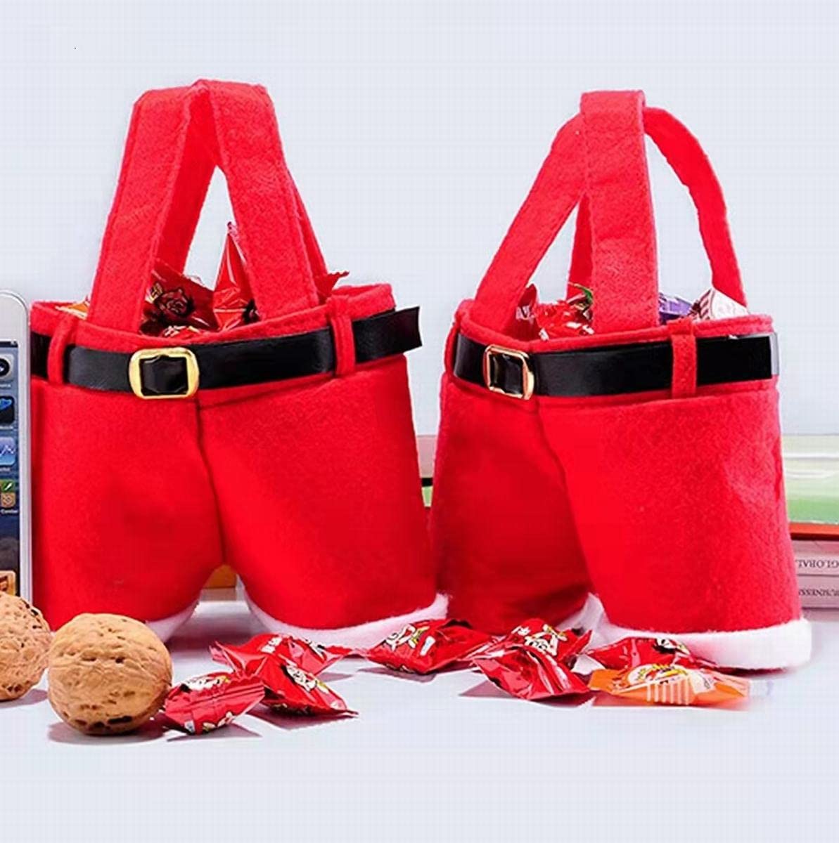 Homecube 10Pcs Christmas Candy Bag Santa Pants Gift and Treat Bags with Handle Portable Candy Gift Baskets Gift Wrap for Wedding(7" L x 8.5" H)