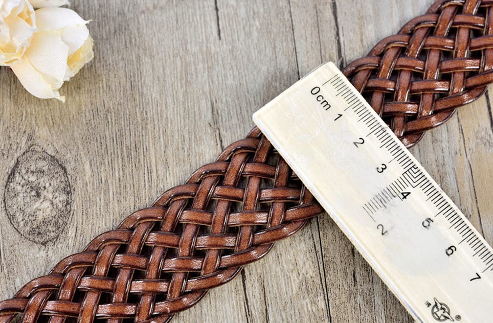 ANNULOYA Women Leather Braided Belts for Dress 1.2 Inch Hand Made Soft Girls Woven Wasitbands with Round Gold Buckle (Brown, Free Size)
