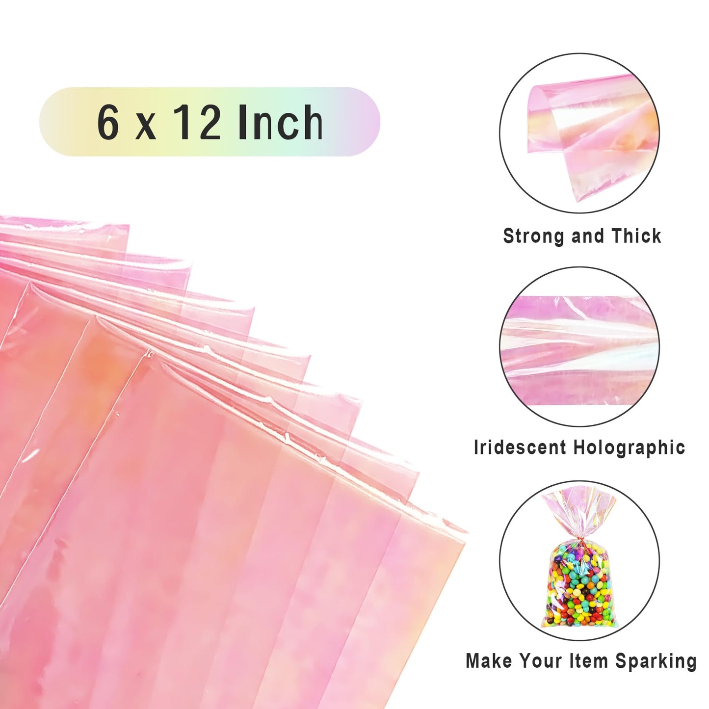 Yotelab Iridescent Holographic Cellophane Treat Bags, 6x12 Inches, Party Favors with Twist Ties, 100 Pieces