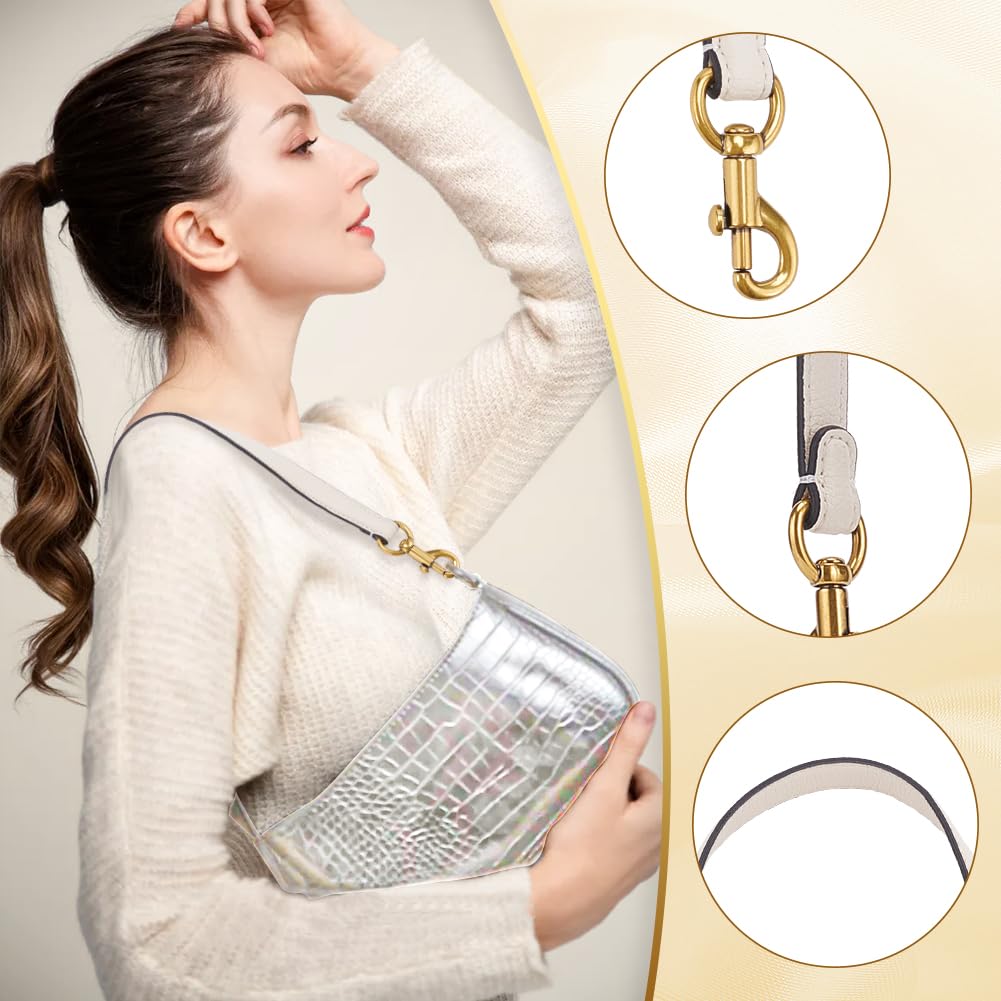 WADORN Genuine Leather Purse Handle, 20.4 Inch Leather Handbag Handle Replacement Short Shoulder Strap with Retro Gold Buckles Women Bag Making Accessory for Coach Shoulder Bag 26, White