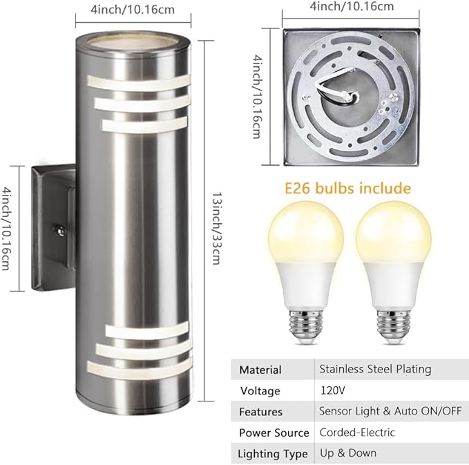 SHIMR Dusk to Dawn Outdoor Wall Light, Exterior Light Fixture Stainless Steel, Outdoor Sconce Lights Cylinder, Waterproof Up and Down Light Wall Mount Electroplated Silverl Finsh, LED Bulbs Include