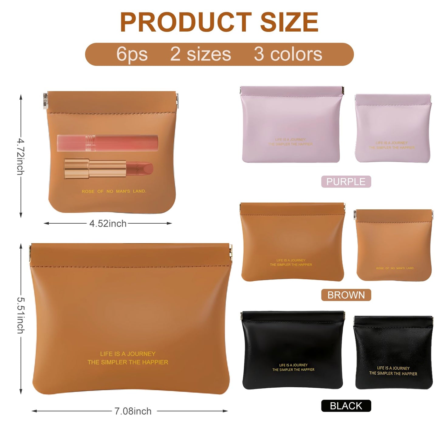 Frnoip 6 Pack small makeup bag for purse, snap closure leather organizer pouch,New lipstick pouch, portable mini storage bag,Two sizes Coin Purse Organizer Storage Pouch （Black+Brown+Purple