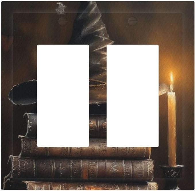 Decorative Art Light Switch Covers Wizard’s Hat & Spellbooks 2 Gang Dual Rocker Outlet Switch plate Faceplate GFCI for Home Decor