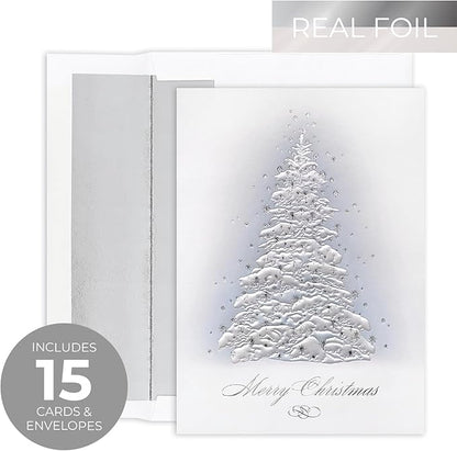 Masterpiece Embossed Frosted Tree Christmas Cards / 15 Boxed Winter Evergreen With Pearl And Silver Accents Holiday Cards With Coordinating Envelopes / 5 5/8" x 7 7/8" Folded Tree Greeting Card Set
