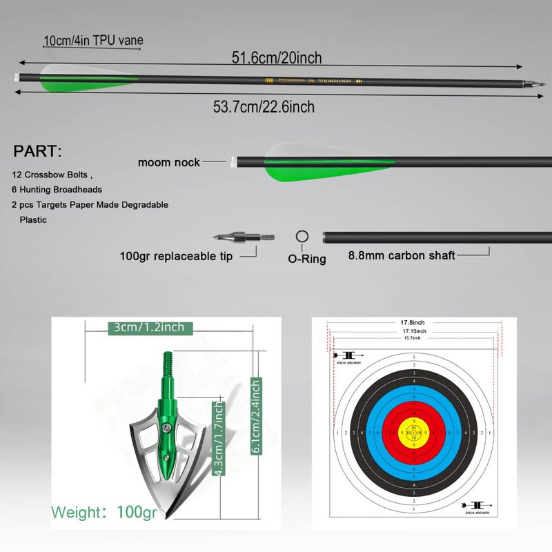 e5e10 Crossbow Bolts 20 Inch Carbon Crossbow Arrows Kit Included 12 pc Carbon Archery Arrows & 6 pc Hunting Broadheads & 2 pc Targets Paper Made Degradable Plastic for Hunting, Practice(Green)