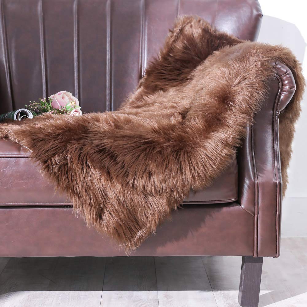 Carvapet 2x4 Faux Fur Rug - Brown Faux Sheepskin Shaggy Area Carpet Plush Chair Cover, Soft Suede Backing Machine Washable Mat for Bedroom Living Room