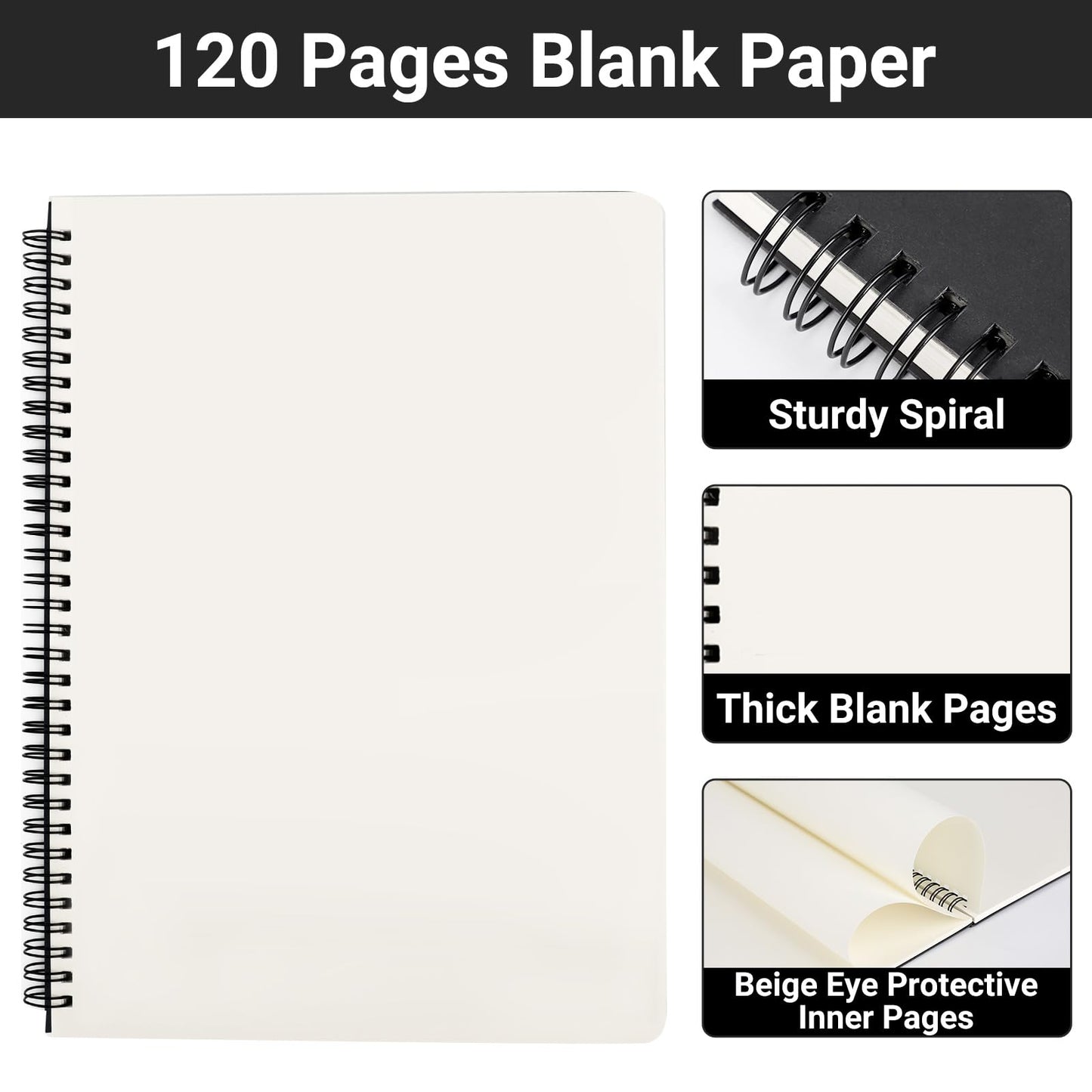 EUSOAR Blank Spiral Notebook, A4 3 Packs 8.5"x 11" Hardcover Blank Kraft Sketch Notebook Bulk，College Wirebound Memo Notepads Diary Planner Notebook Journal with Unlined Paper 120pages/60sheets