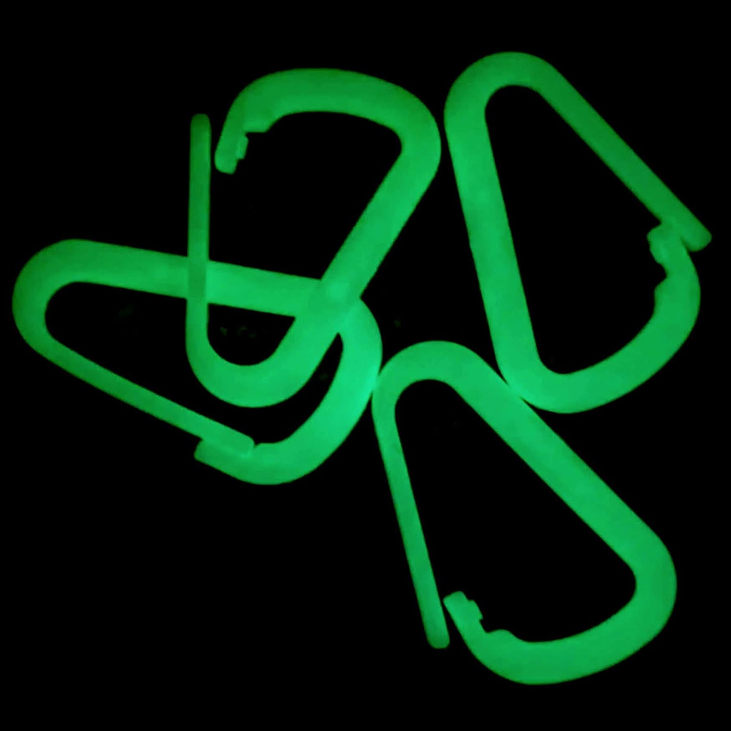 Breakwater Supply™ Hingeless Glow in the Dark Carabiner Hooks 4 Pack, Small 2-inch Gear Attachment Clips for Keys, Water Bottle, Backpack, MOLLE + Ultralight, D-Ring, D-Shape (White with Green Glow)