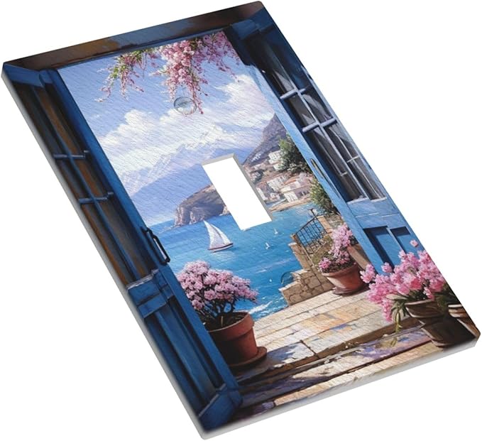 Decorative Art Light Switch Covers Seaside Window View Single Toggle Wall Plate Decorative Switchcover Electrical Switchplate for Home Decor
