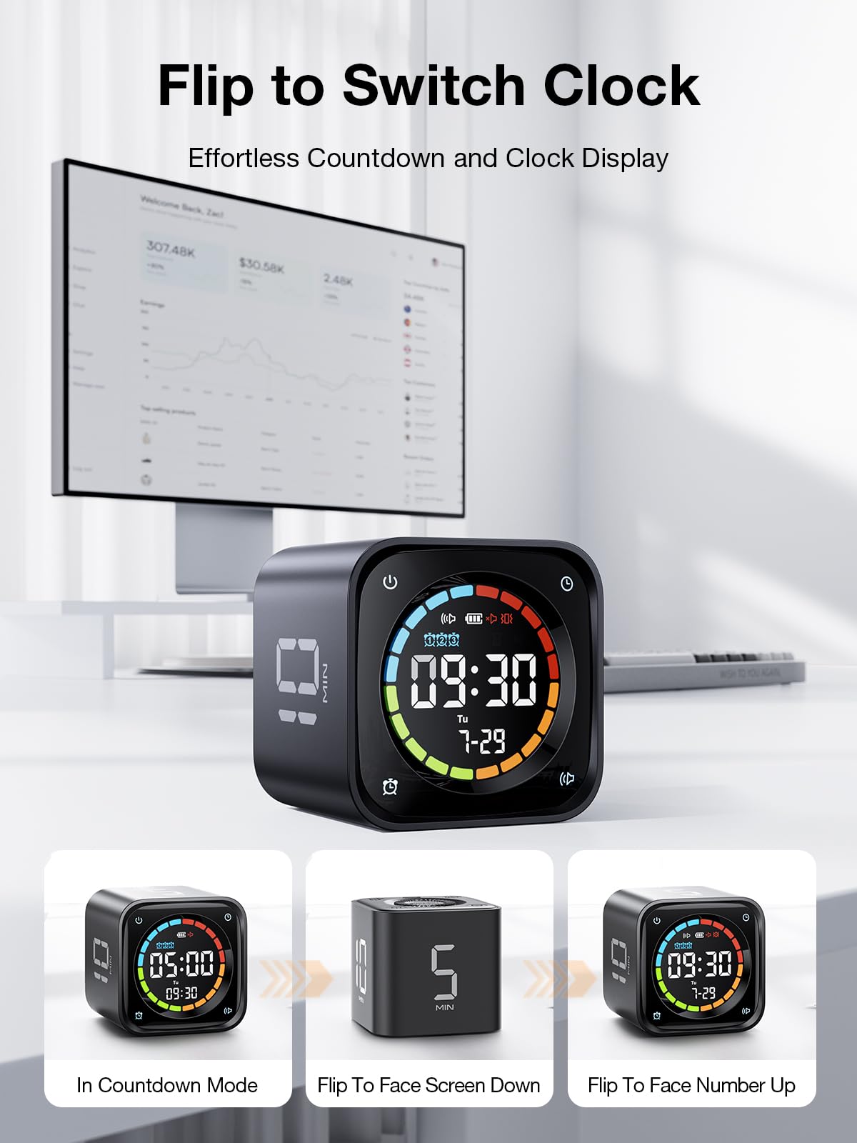 TK3 Pomodoro Timer Cube, Desk Productivity Timer with 5/10/30/60 Min Presets, Custom Countdown, Stopwatch, Clock, 3 Alarm, Silent, Vibrate & Sound Alert, for Task, ADHD, Study, Kitchen, Black