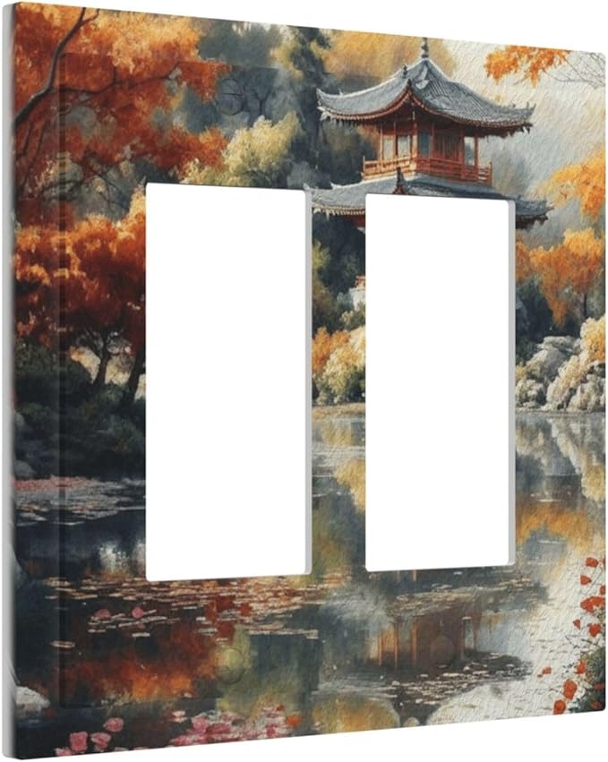 Decorative Art Light Switch Covers Lake & Pagoda in Fall 2 Gang Dual Rocker Outlet Switch plate Faceplate GFCI for Home Decor