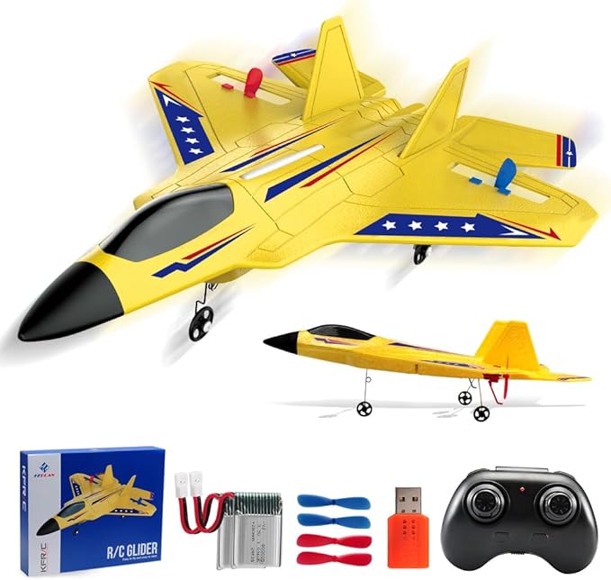 Fremego F22 RC Airplane 2.4GHz Remote Control Plane with Gyro Stabilizer LED Lights &amp Dual Batteries Easy Fly RC Glider for Kids Boys Adults Beginners(Yellow)