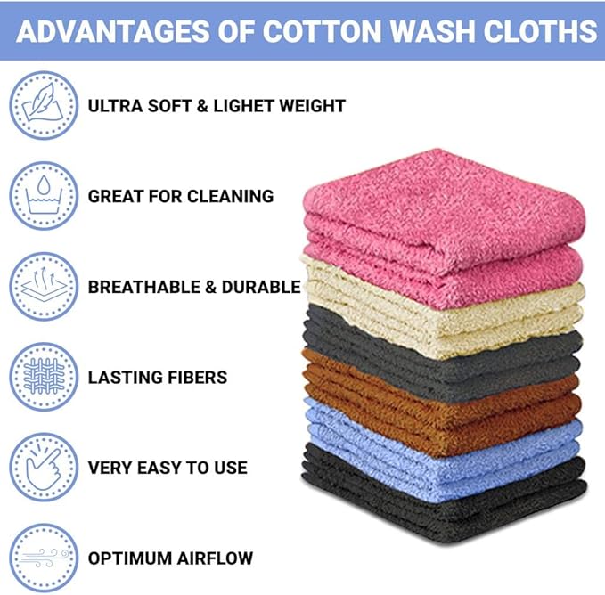 100% Cotton Washcloth Set 24 Packs – Soft, Absorbent Face Towels