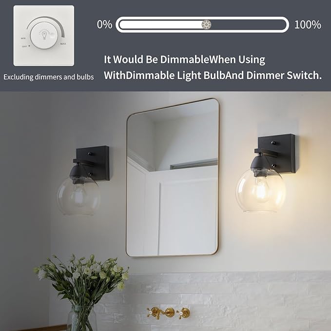 Bathroom Light Fixtures, 1-Light Matte Black Vanity Light with Hand-Blown Thick Glass Shade, High Clarity & Durable, Wall Sconce for Mirror, Kitchen, Bedroom, Hallway