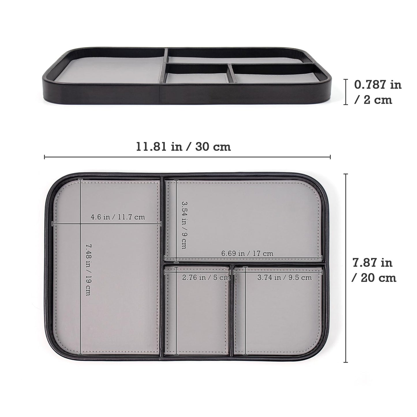Valet Tray for Men 12 X 8 inch, 4-Compartment PU Leather Tray to Organize Keys, Earphones, Phones, Wallets and Watches for Nightstand Entranceway Dressing Table, Cloakroom&Drawers(Black Frame)