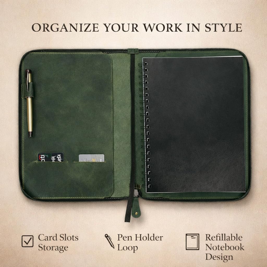 CestAntiQ, Heavy Duty Full Grain Leather Journal Cover (8.5 x 11 in.), Refillable Cahier XXL, Refillable Spiral Notebook (8.5 x 11 in.), Handmade Zippered Leather Journal Cover (Green)