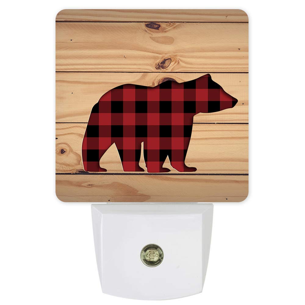 Plug-in LED Night Lights Lamp Buffalo Check Plaid Bear Wood Rustic Printed Auto Dusk-to-Dawn Sensor for Bedroom, Bathroom, Kitchen, Nursery,Hallway,Stairs,Wall Home Decor, Red Black