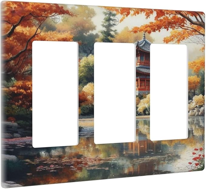 Decorative Art Light Switch Covers Lake & Pagoda in Fall 3 Gang Triple Rocker Outlet Switch plate GFCI Faceplate GFCI for Home Decor