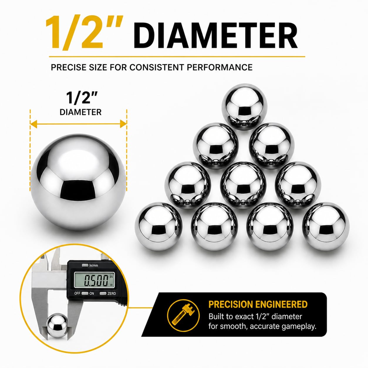 10 Pack 1/2” Chrome Steel Replacement Balls Compatible with Bullseye Game – Precision Balls by BC Precision – Durable, Smooth Finish, Game Replacement Parts