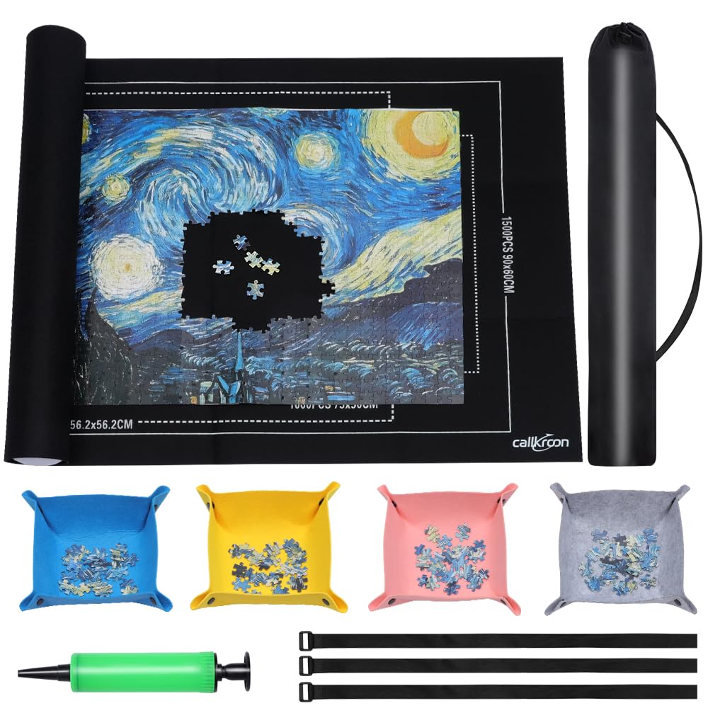CALLKROON Puzzle Mat Roll Up for 1500 Pieces, Felt Puzzle Board Alternative Gift Set with 4 Sorting Trays and Inflatable Tube, Premium Puzzle Saver Mat for Storage, Portable Puzzle Rolling Mat