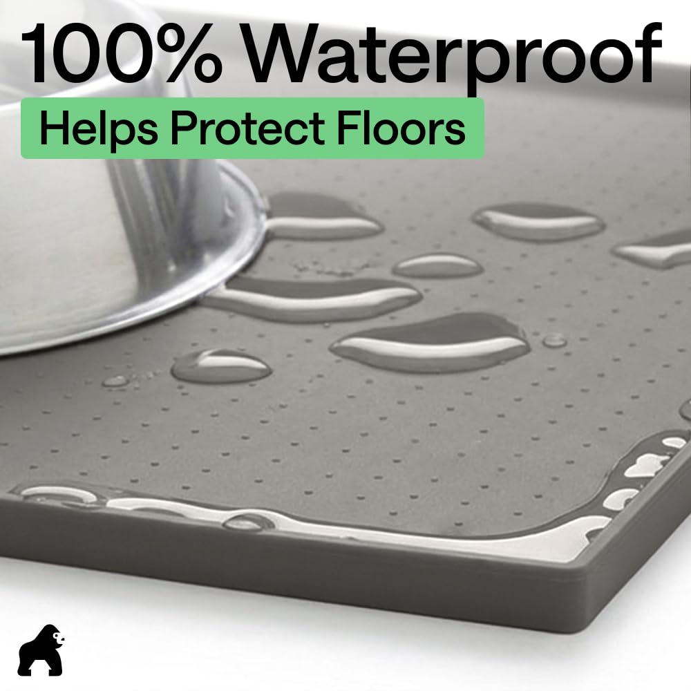 GORILLA GRIP 100% Waterproof Raised Edge BPA Free Silicone Pet Feeding Mat, Dog Cat Food Mats Contain Spills Protects Floors, Placemats for Cats and Dogs Water Bowl, 18.5x11.5, Gray