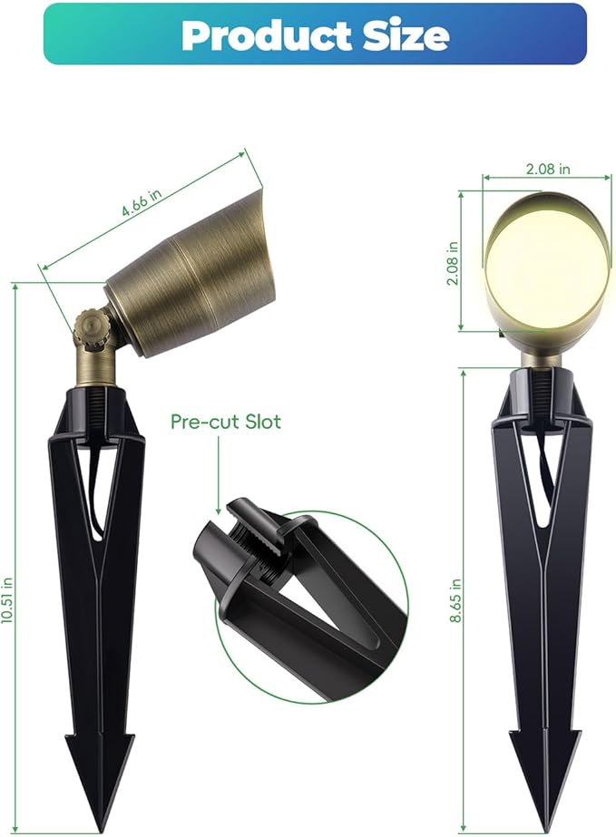 Low Voltage Brass Landscape Lights, Solid Outdoor Spotlights with Replaceable MR16 LED Bulb 5W, 2700K Warm White, 12V 24V Landscape Lighting, Waterproof Design for Garden, Yard, Patio