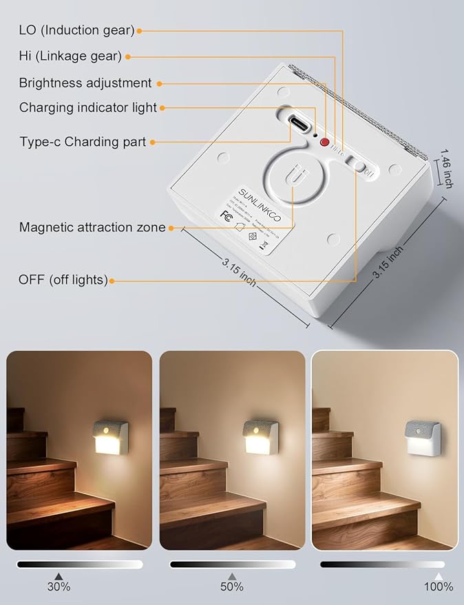 LED Linkage Motion Sensor Night Light, Magnetic Stick-On Motion Activated Light, Rechargeable Battery Powered Wall Lamp, Dimmable Warm White Light, for Bedroom, Hallway, Stairs, Kitchen, 3 Pack
