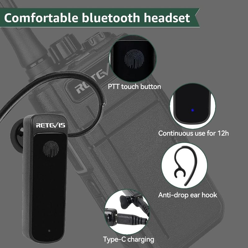 Retevis RB37 Bluetooth Walkie Talkies,Bluetooth Two Way Radio New Version,2000 mAh&120h Standby Long Battery Life,Wireless Earpiece,Flashlight,VOX,Type-C,2 Way Radio for Church Hospital Family(2Pack)