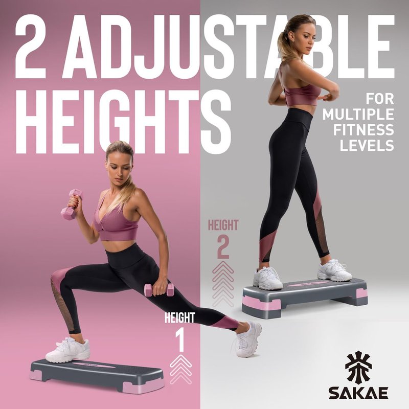 Step Aerobics Platform Set with Weighted Vest & Measuring Tape, Aerobic Steppers for Exercise at Home, Adjustable Height 2 Level Risers Workout Stepper with Non-Slip Surface, Pink Grey