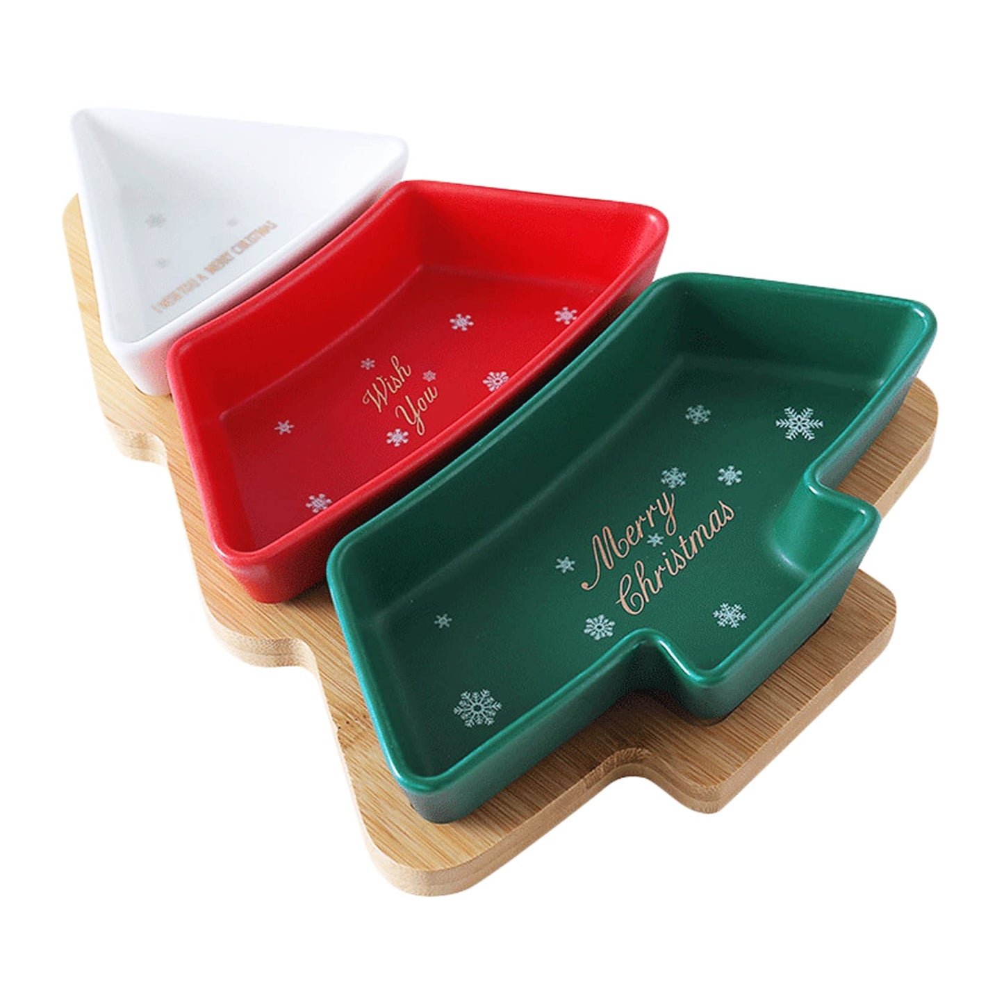 ROSE CREATE Colorful 11.6 Inches Big Colorful Snack Appetizer Trays Set, Christmas Tree Dessert Serving Dishes, Snack Platter, 3 pcs Removable Porcelain Plates with Bamboo Tree Tray