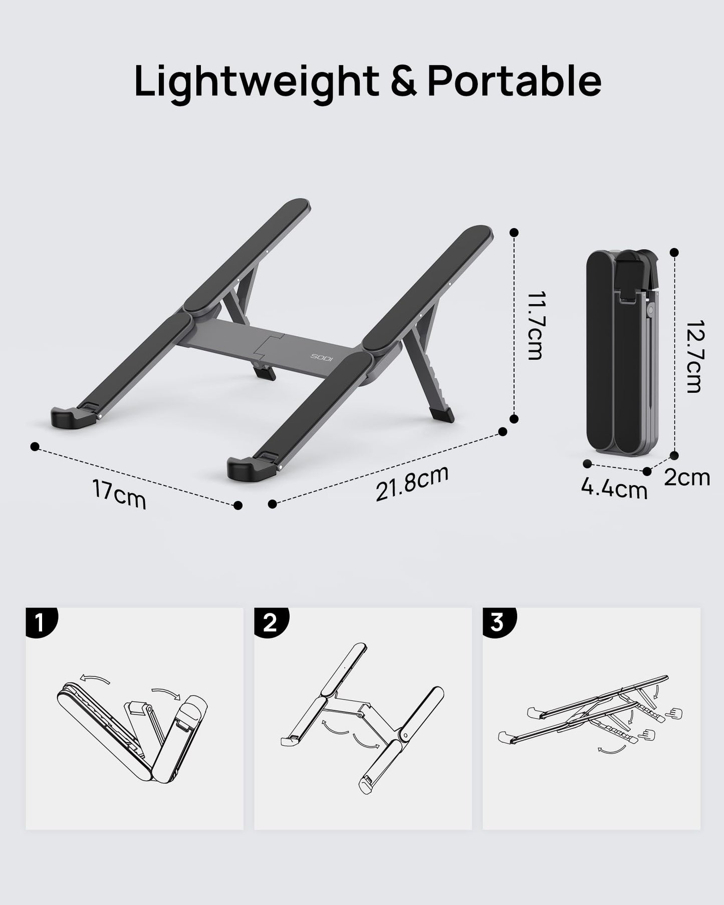 SODI [Ultra Compact] Foldable & Portable Laptop Stand for Desk, Lightweight Tablet Stand for Business Travel, Library, Cafe, 6 Level Height Ergonomic Aluminum Computer Holder for 10-16" Laptops