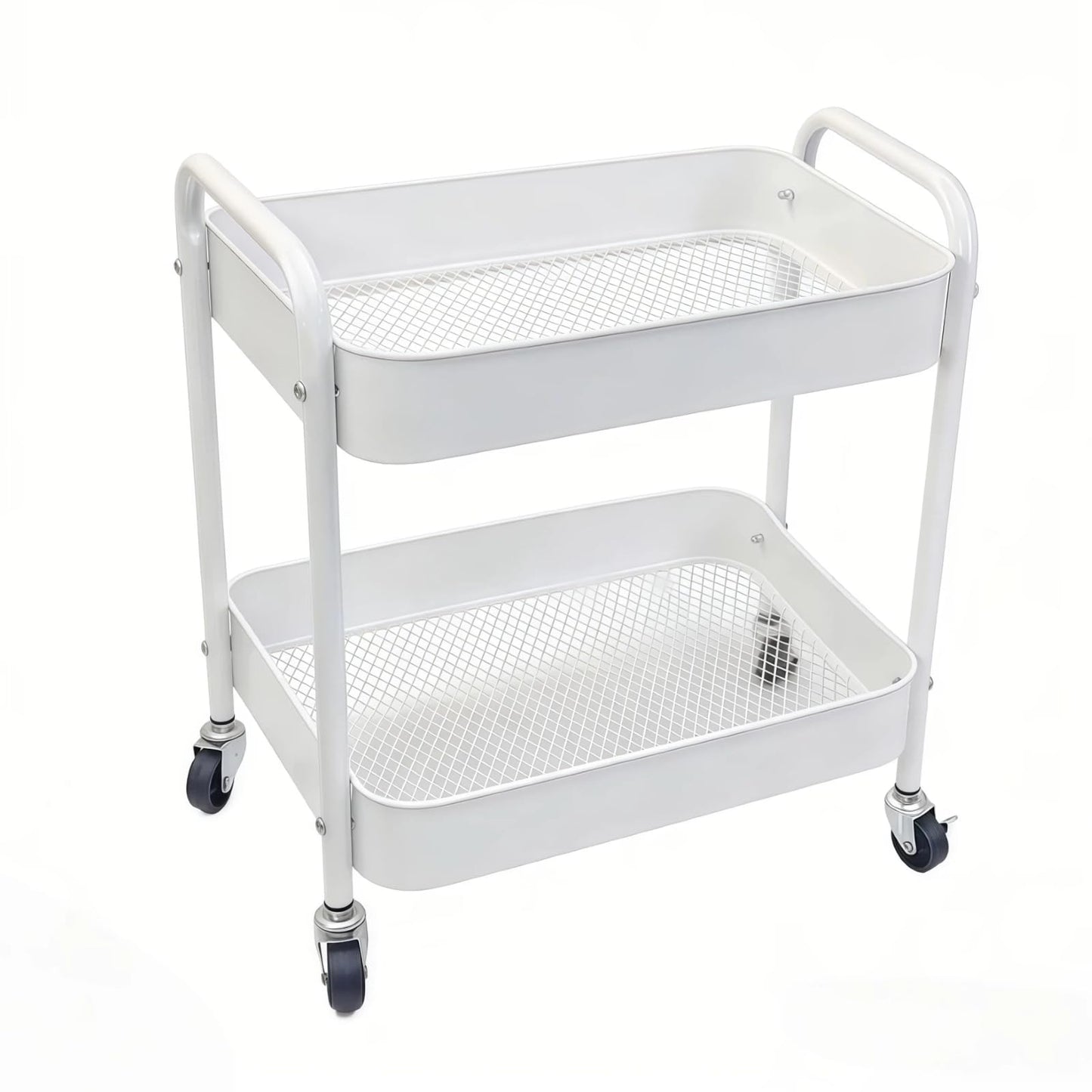 Ufriandz Under Desk Storage Cart 2 Tier Utility Rolling Cart with Wheels, Small Metal Mobile Trolley with Handle Two Tiered Utility Organizer Roller for Kitchen Office Bathroom Pantry Room, White